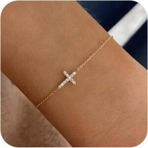 Gold Cross Bracelet for Women Dainty 14K Gold Plated Beaded Jewelry Gift